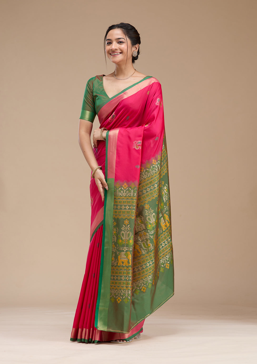 Rani Pink Silk Buti Gold Zariwork Saree With Matching Blouse Piece