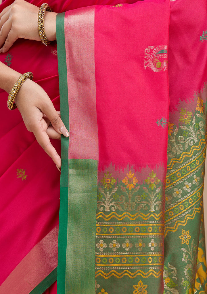 Rani Pink Silk Buti Gold Zariwork Saree With Matching Blouse Piece