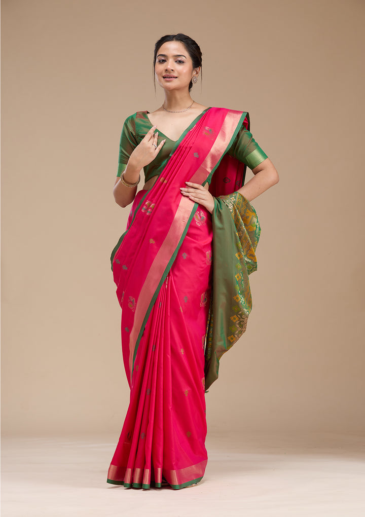 Rani Pink Silk Buti Gold Zariwork Saree With Matching Blouse Piece