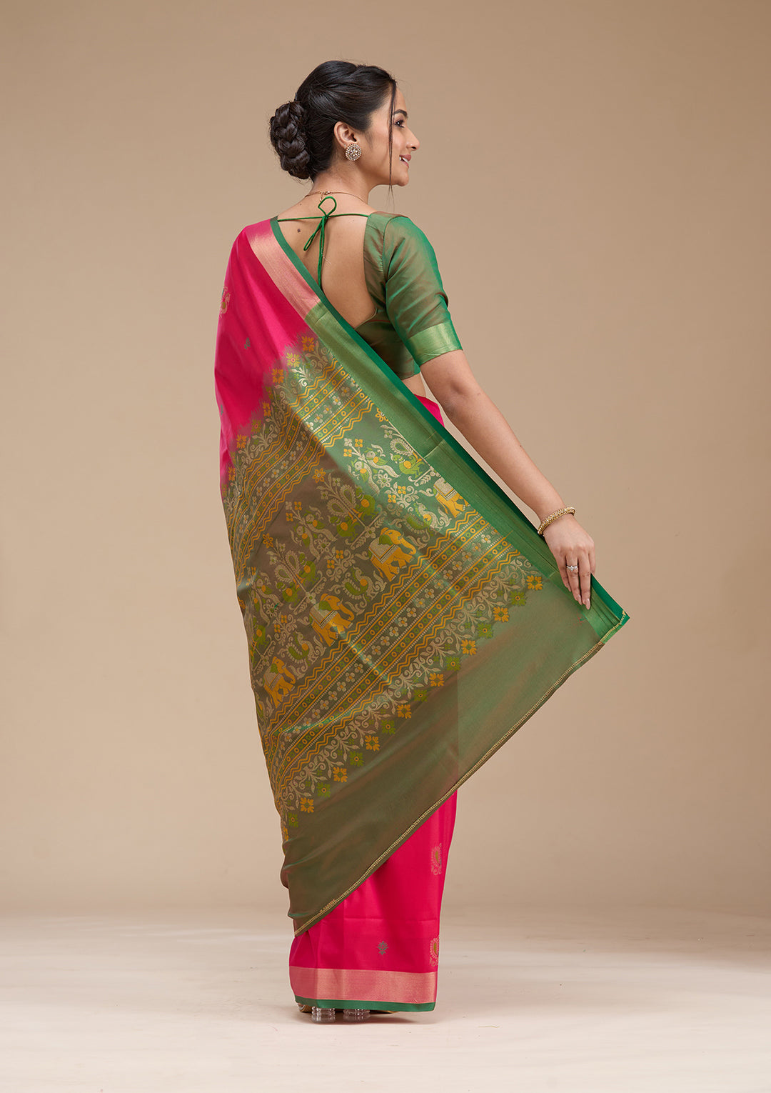 Rani Pink Silk Buti Gold Zariwork Saree With Matching Blouse Piece
