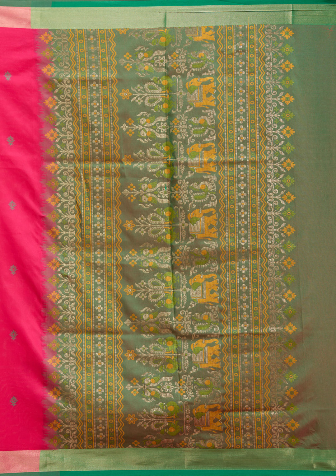 Rani Pink Silk Buti Gold Zariwork Saree With Matching Blouse Piece