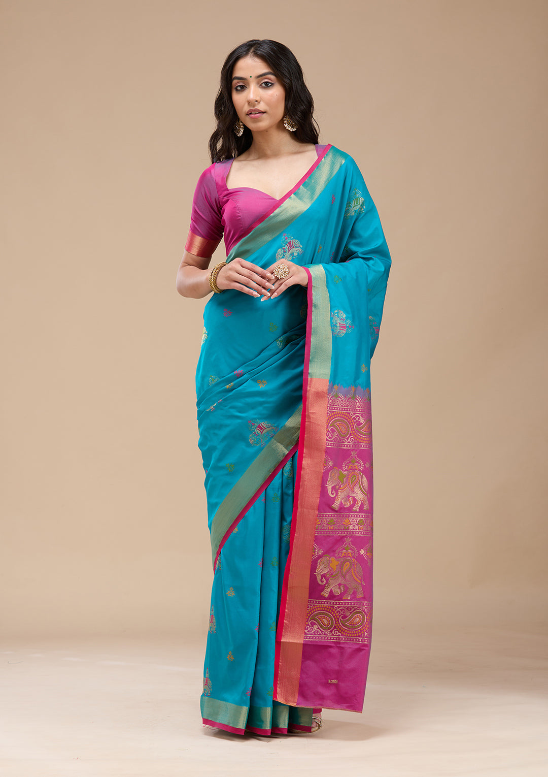 Turquoise Blue Silk Buti Gold Zariwork Saree With Matching Blouse Piece