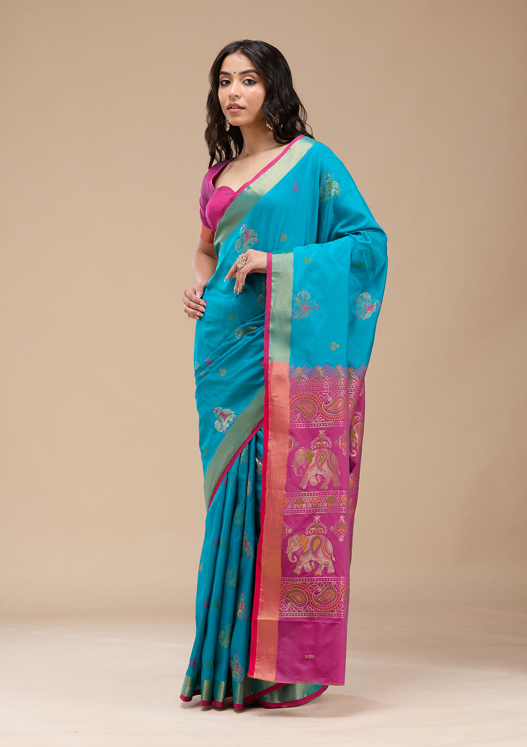 Turquoise Blue Silk Buti Gold Zariwork Saree With Matching Blouse Piece