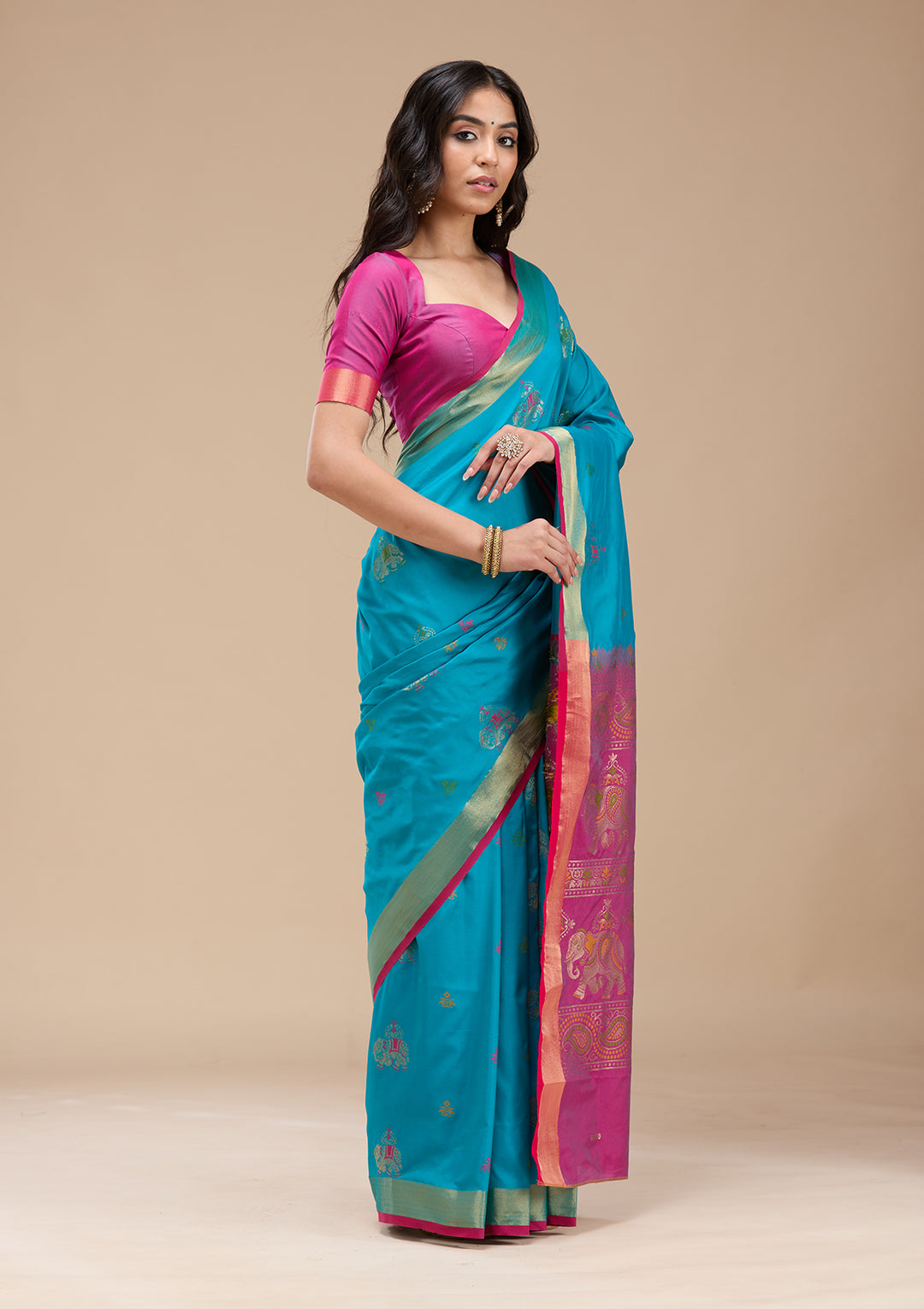 Turquoise Blue Silk Buti Gold Zariwork Saree With Matching Blouse Piece
