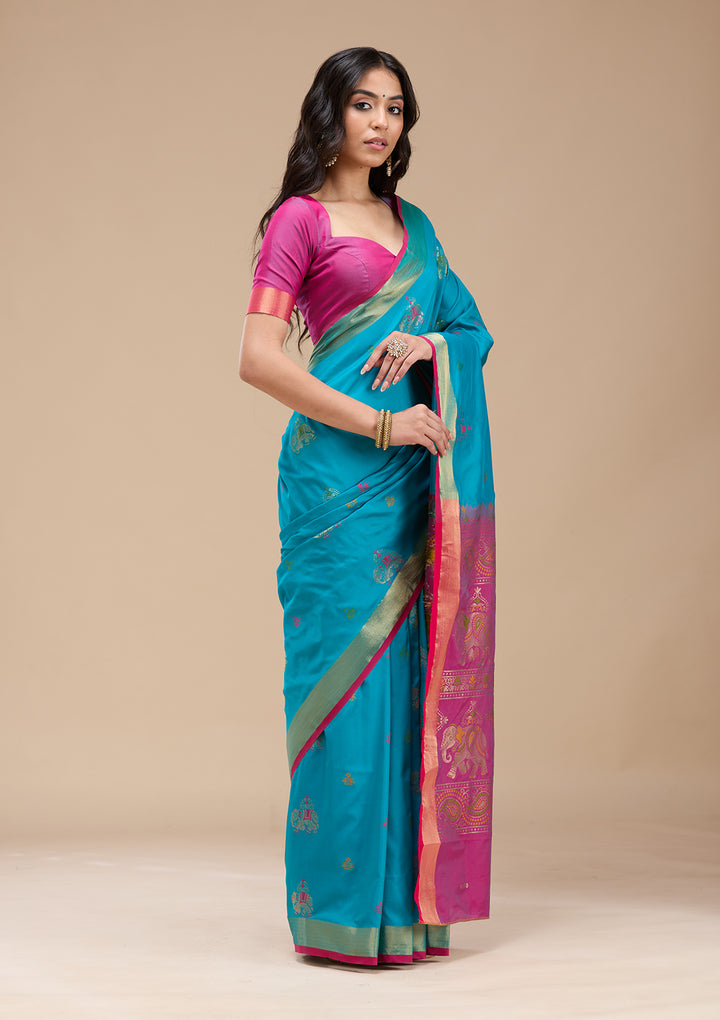 Turquoise Blue Silk Buti Gold Zariwork Saree With Matching Blouse Piece