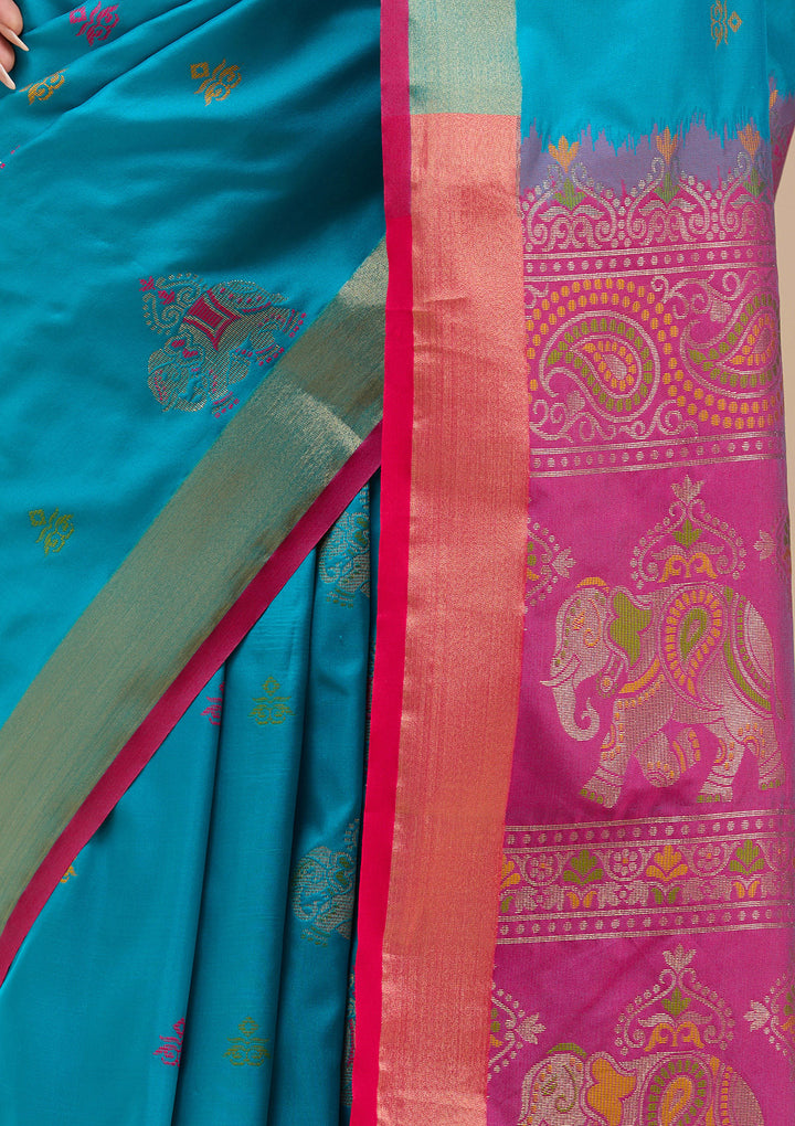 Turquoise Blue Silk Buti Gold Zariwork Saree With Matching Blouse Piece