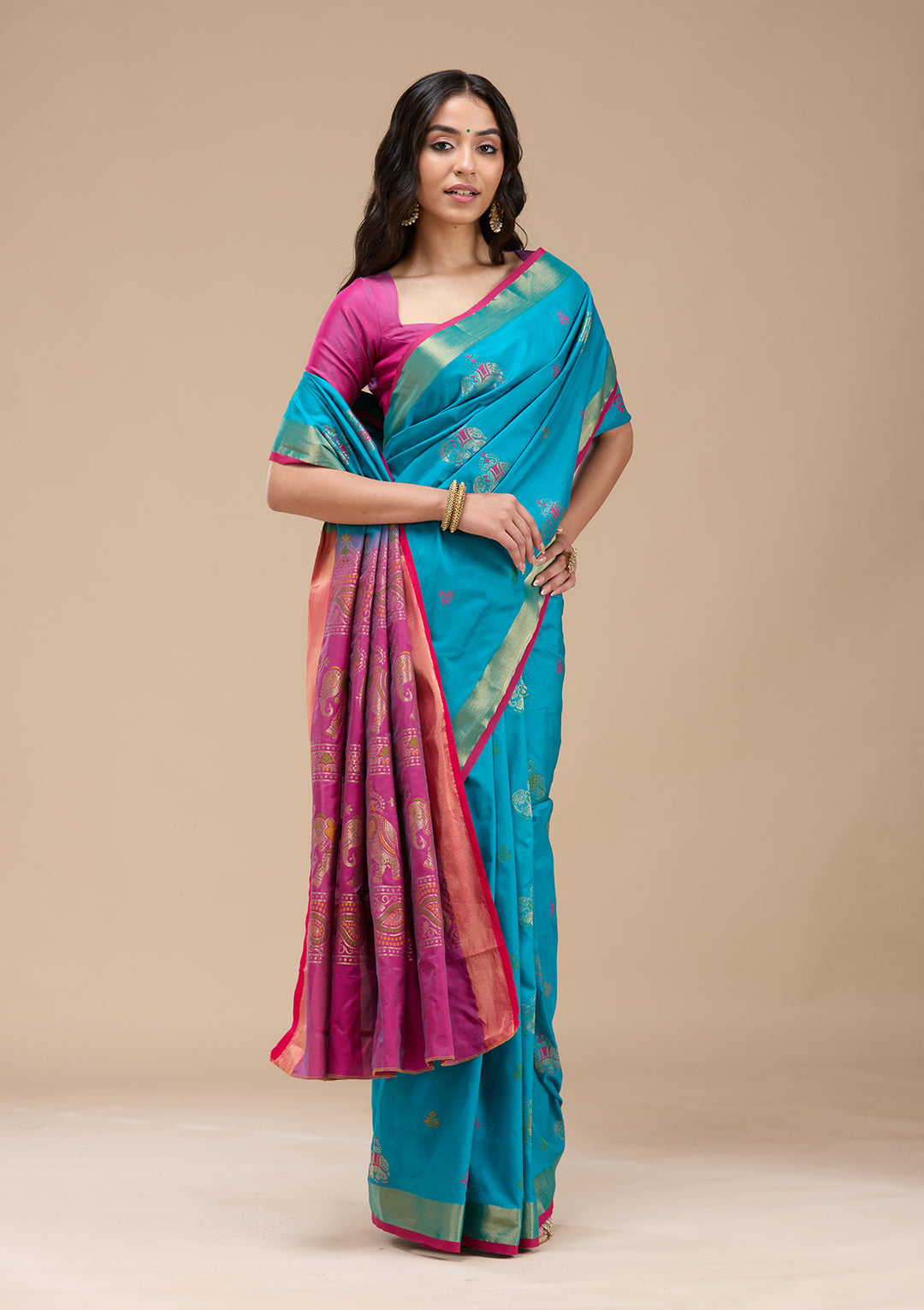 Turquoise Blue Silk Buti Gold Zariwork Saree With Matching Blouse Piece