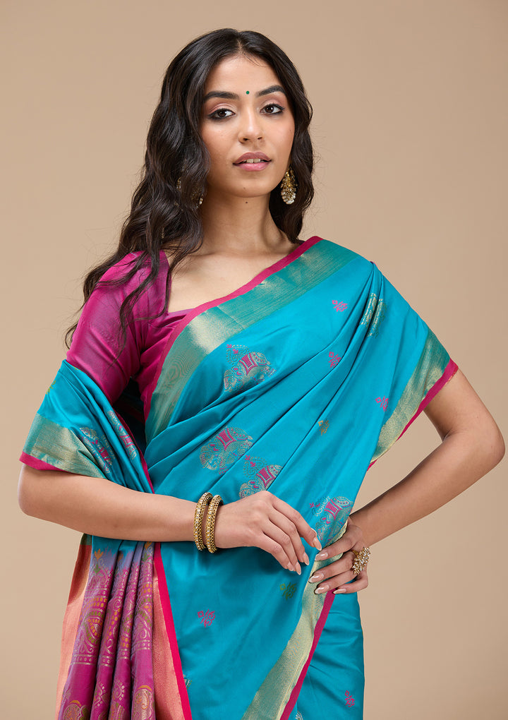 Turquoise Blue Silk Buti Gold Zariwork Saree With Matching Blouse Piece