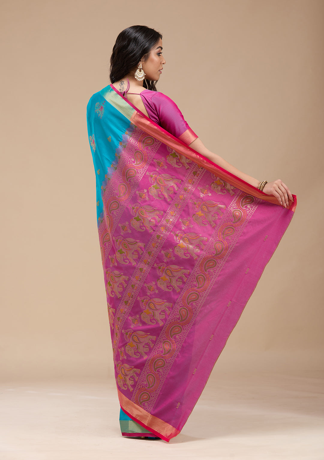 Turquoise Blue Silk Buti Gold Zariwork Saree With Matching Blouse Piece