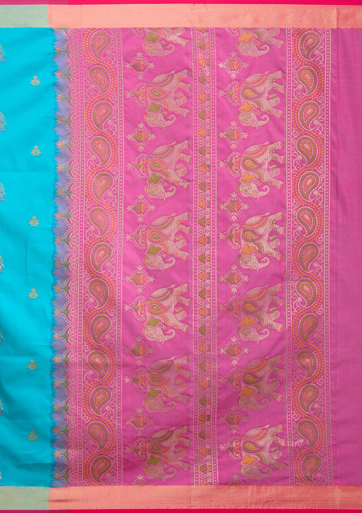 Turquoise Blue Silk Buti Gold Zariwork Saree With Matching Blouse Piece