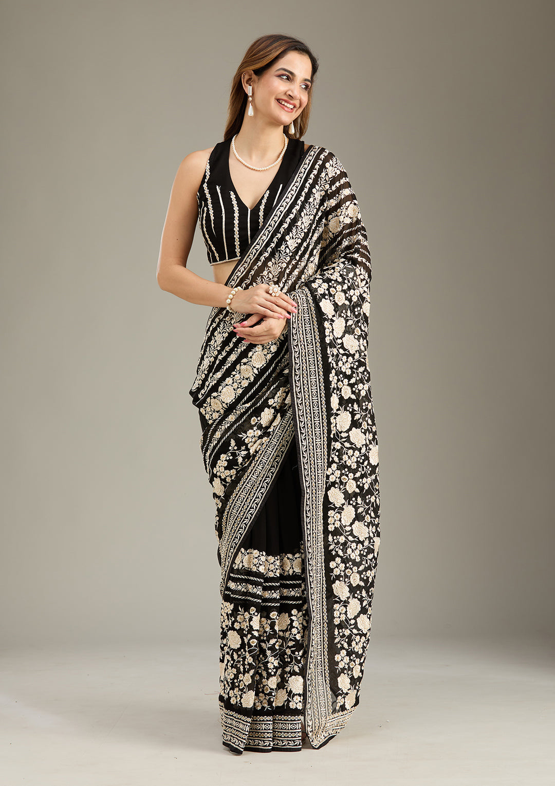 Black Threadwork Georgette Saree