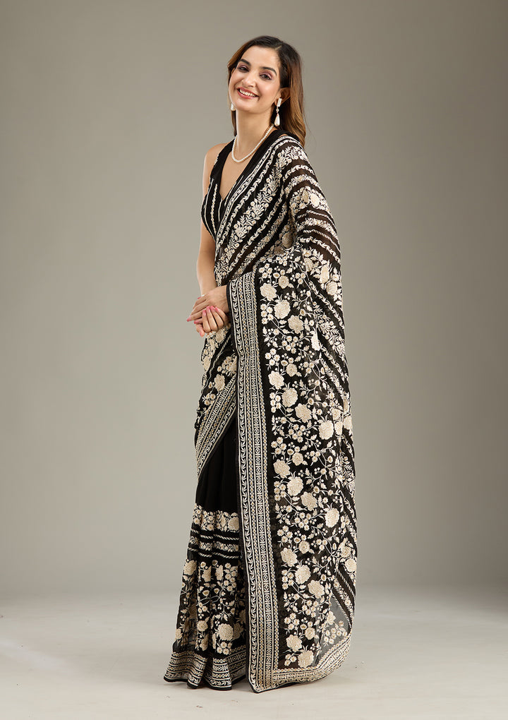 Black Threadwork Georgette Saree