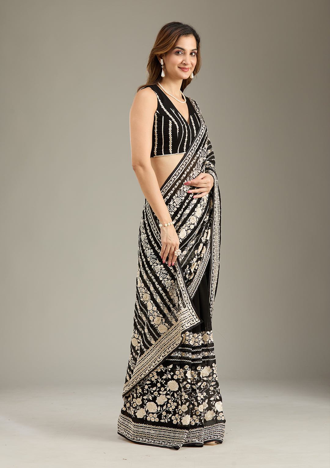 Black Threadwork Georgette Saree