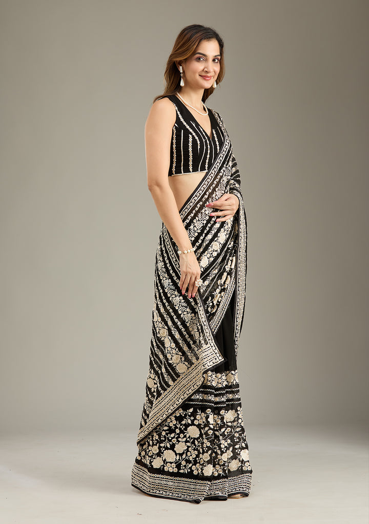 Black Threadwork Georgette Saree