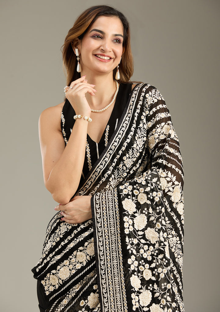 Black Threadwork Georgette Saree