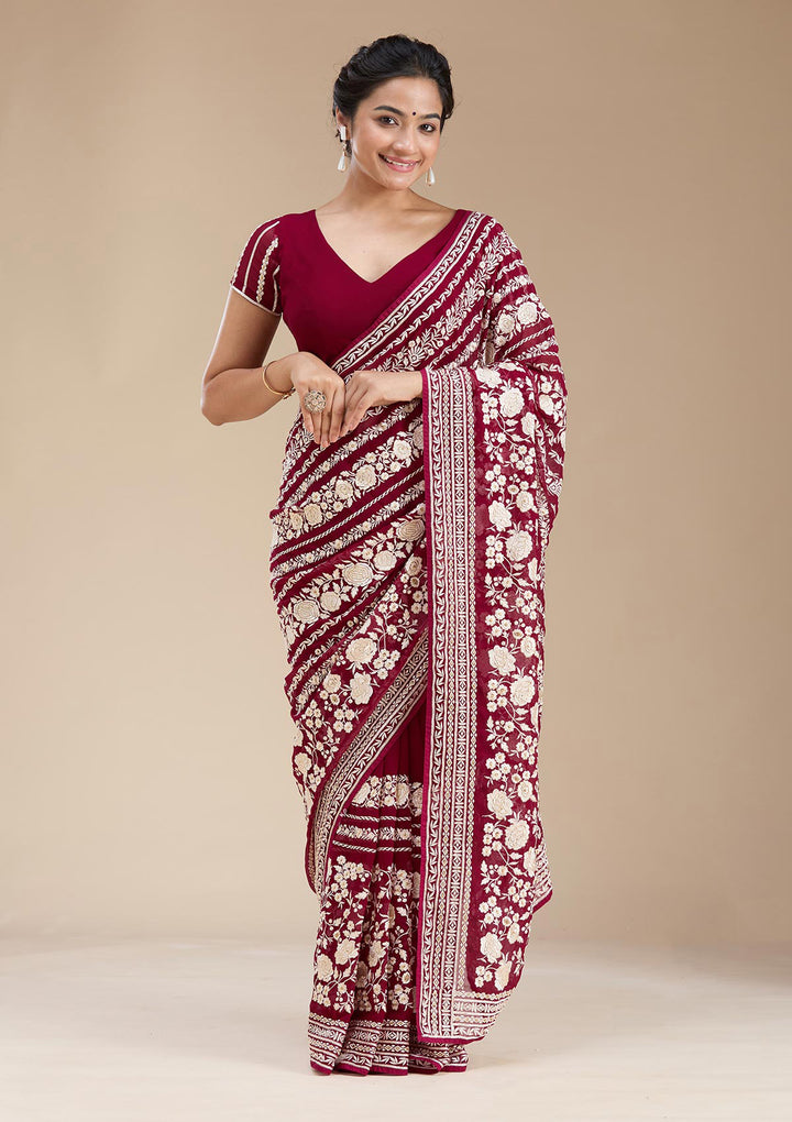 Wine Georgette Threadwork Saree With Matching Blouse Piece