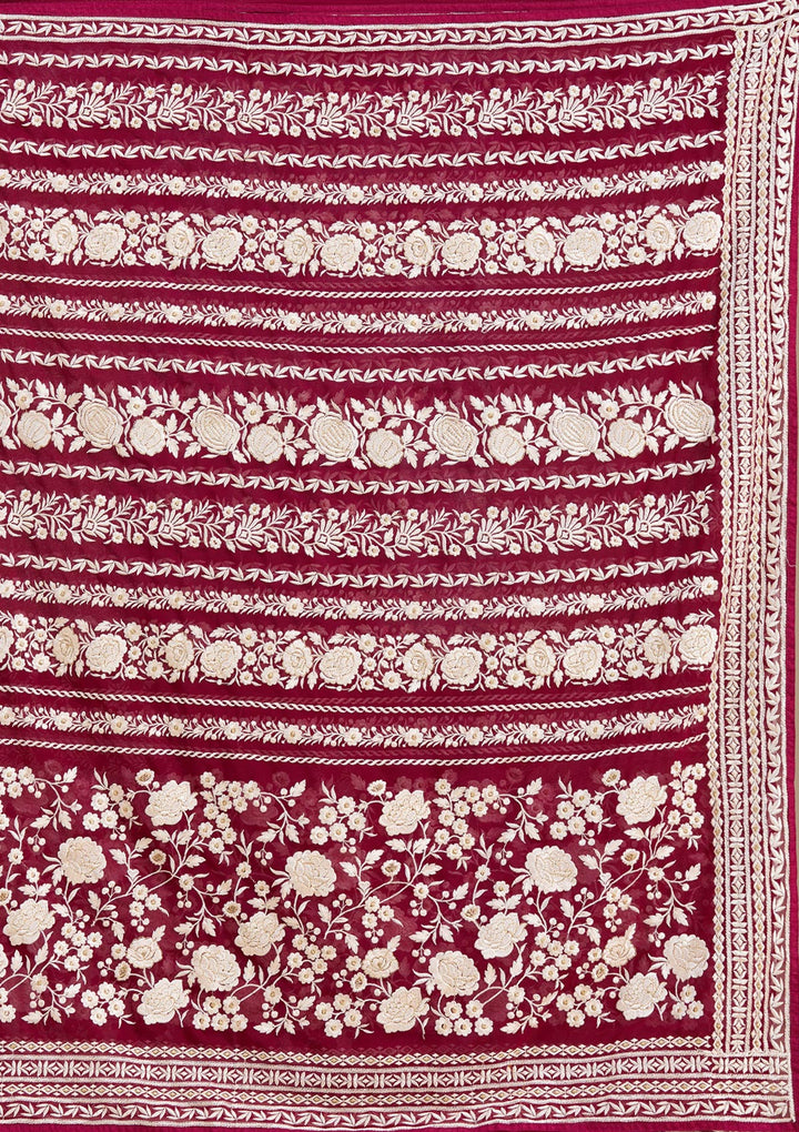 Wine Georgette Threadwork Saree With Matching Blouse Piece