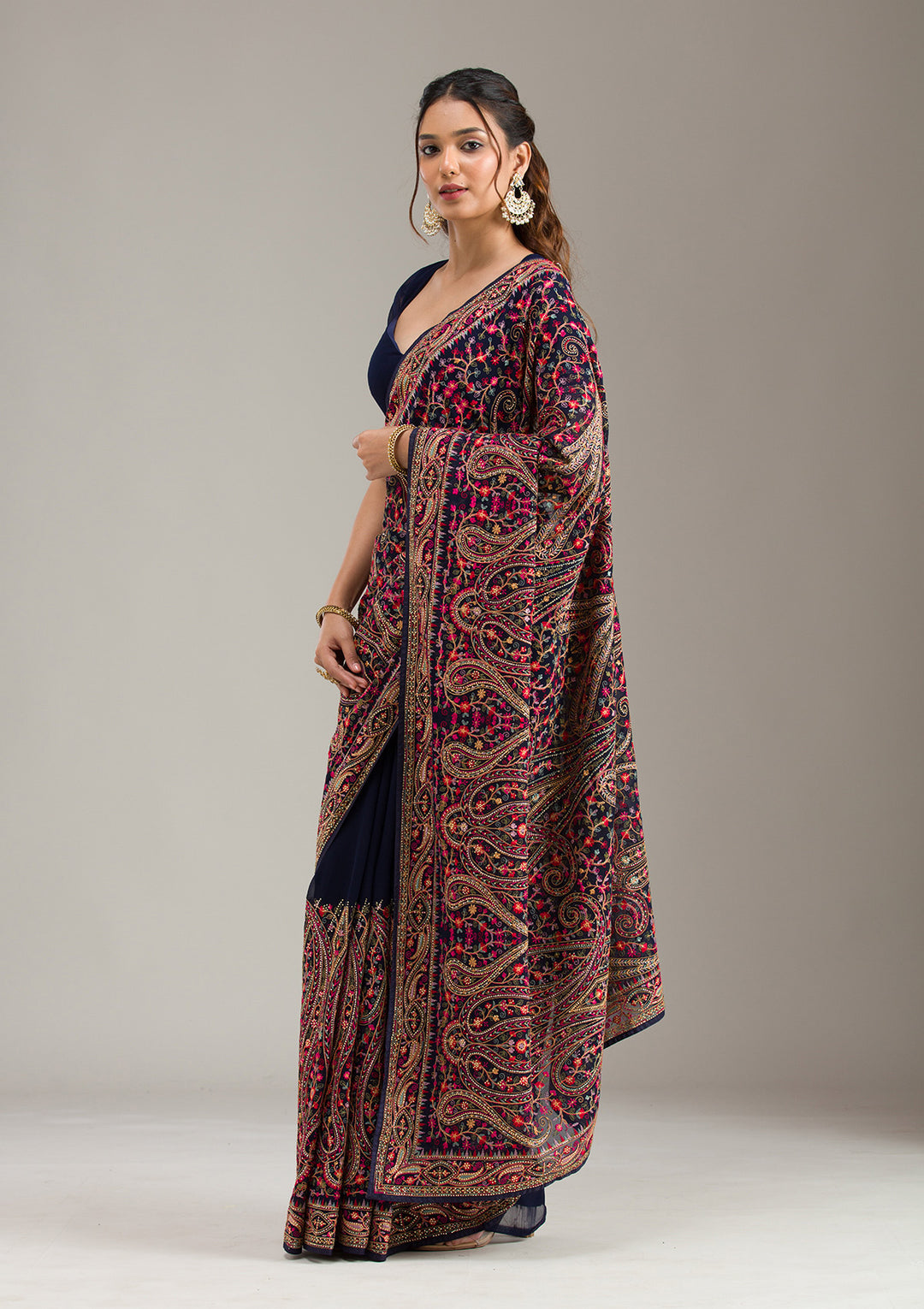 Navy Blue Georgette Kashmiri Saree With Matching Blouse Piece
