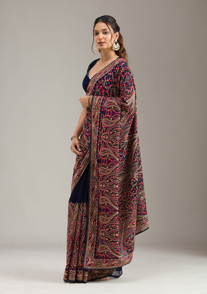 Navy Blue Georgette Kashmiri Saree With Matching Blouse Piece