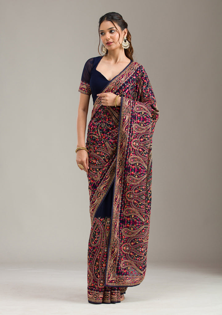 Navy Blue Georgette Kashmiri Saree With Matching Blouse Piece