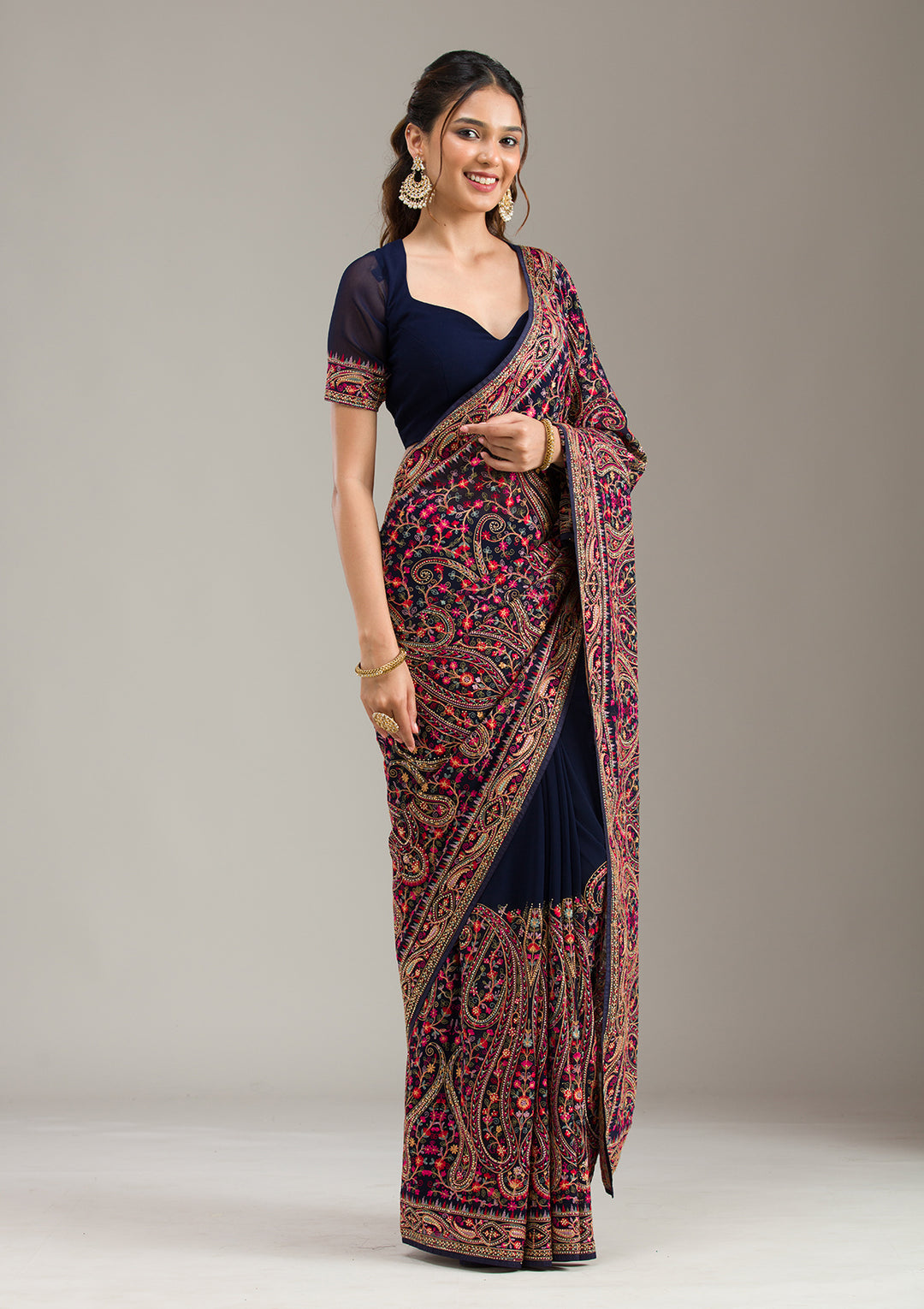 Navy Blue Georgette Kashmiri Saree With Matching Blouse Piece