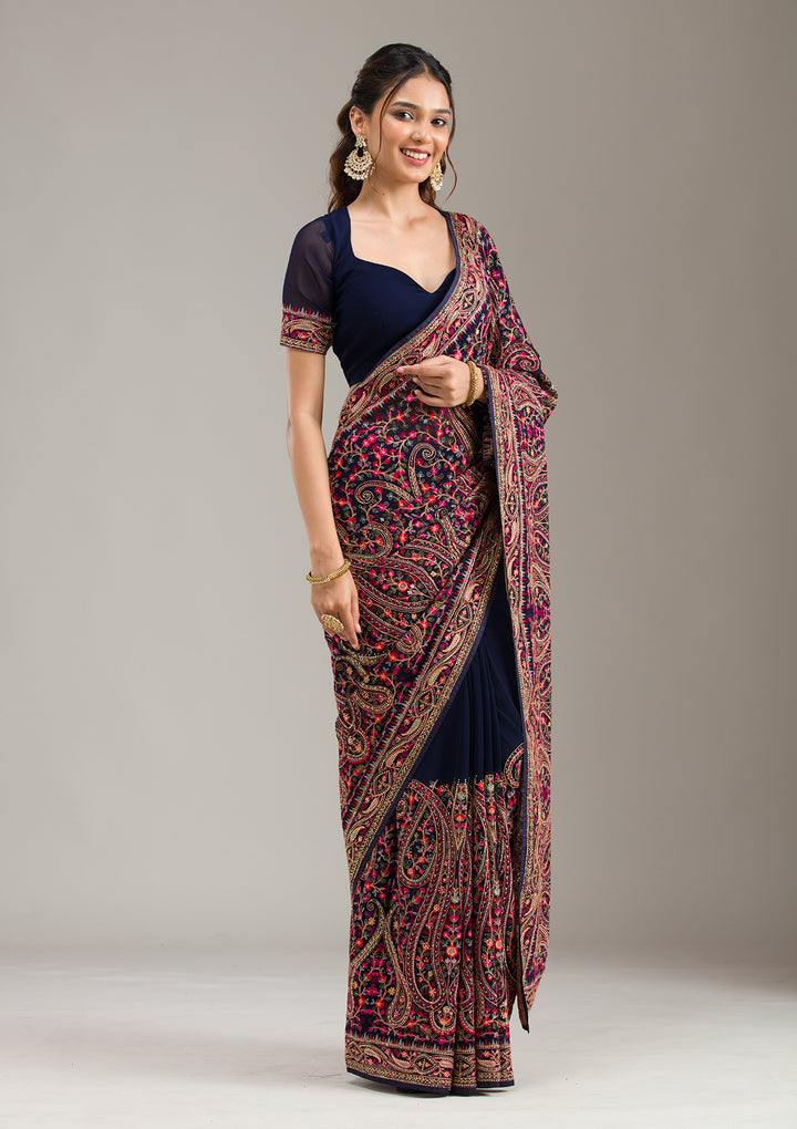 Navy Blue Georgette Kashmiri Saree With Matching Blouse Piece