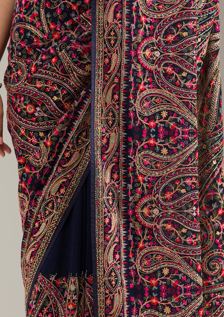 Navy Blue Georgette Kashmiri Saree With Matching Blouse Piece