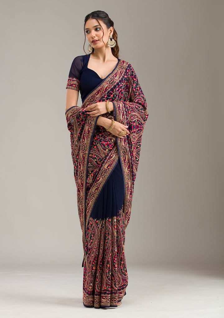 Navy Blue Georgette Kashmiri Saree With Matching Blouse Piece