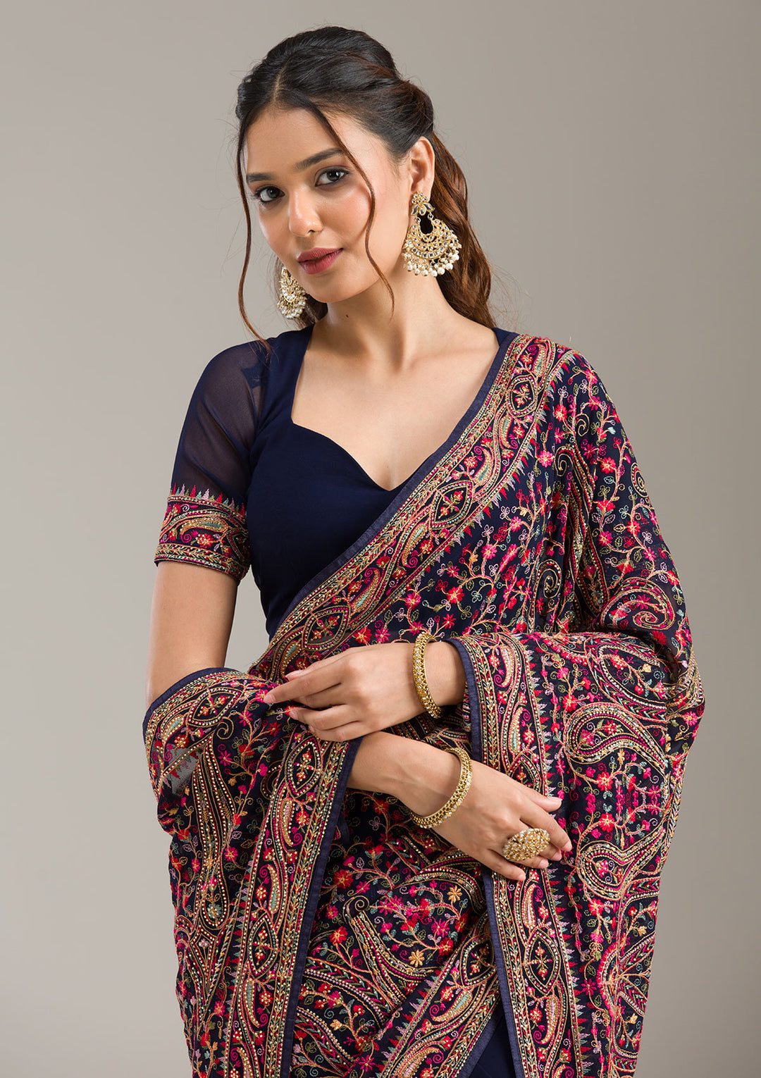 Navy Blue Georgette Kashmiri Saree With Matching Blouse Piece