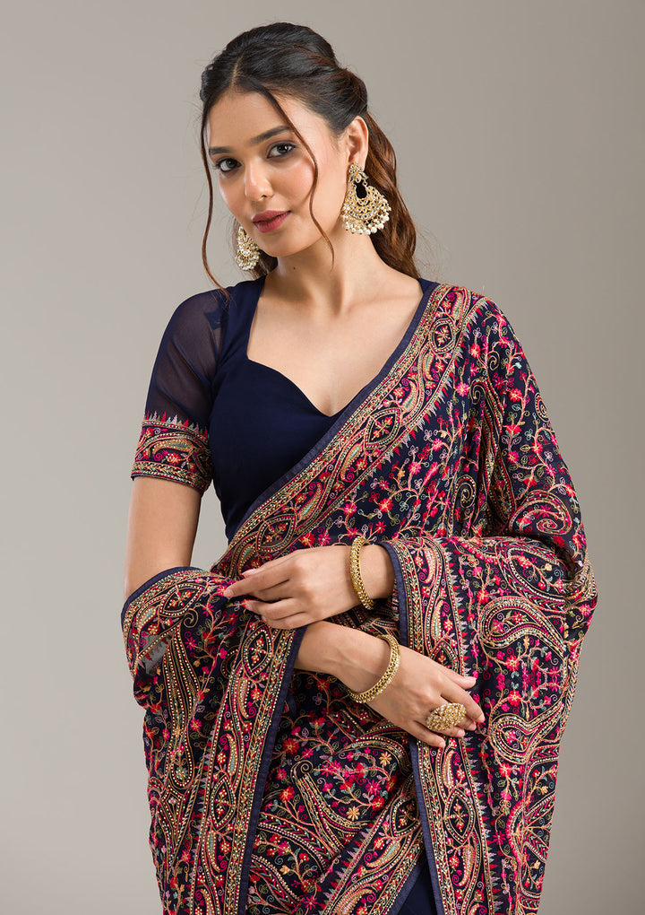 Navy Blue Georgette Kashmiri Saree With Matching Blouse Piece