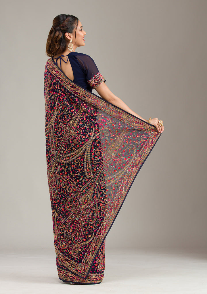 Navy Blue Georgette Kashmiri Saree With Matching Blouse Piece