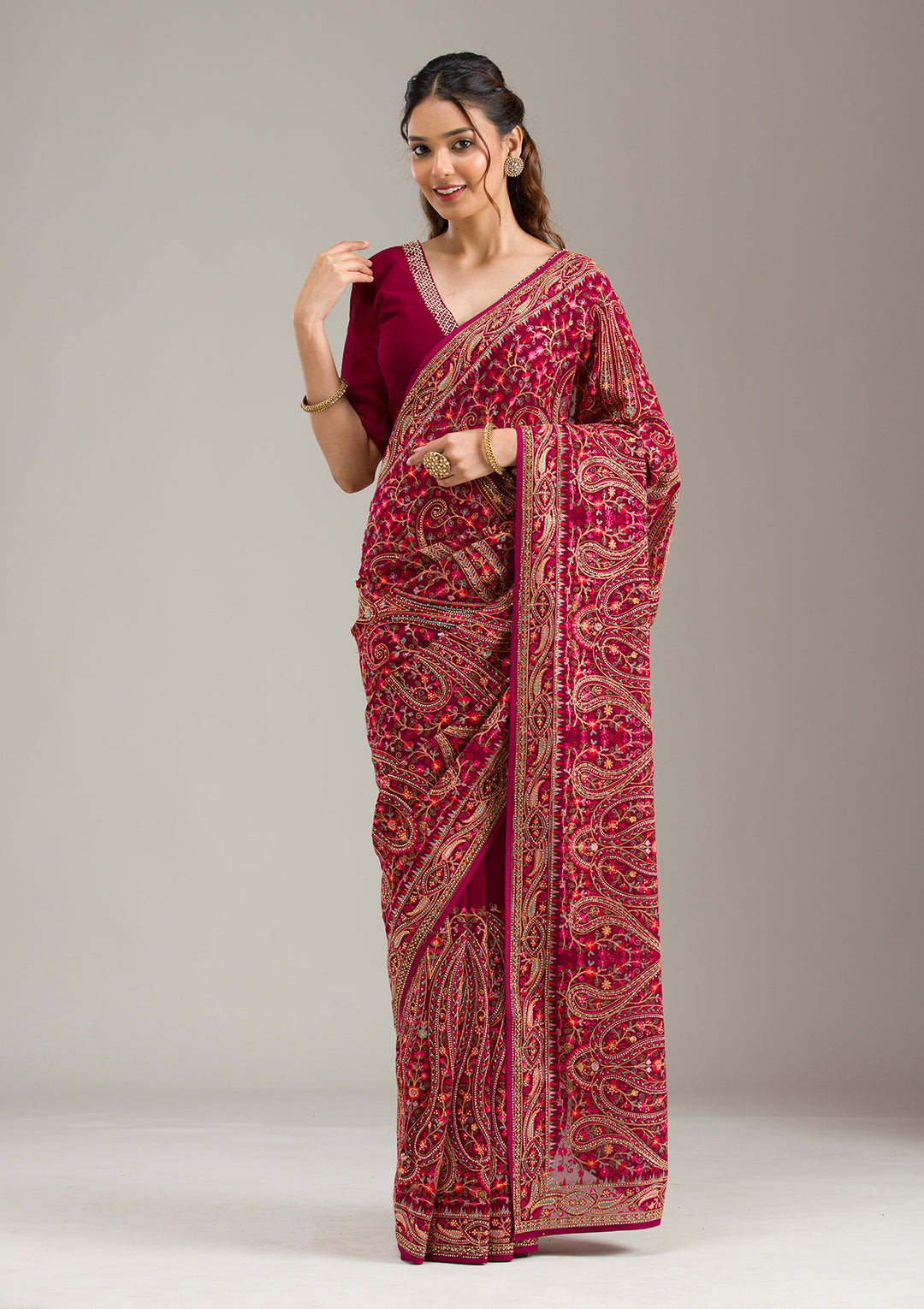 Wine Georgette Kashmiri Saree With Matching Blouse Piece
