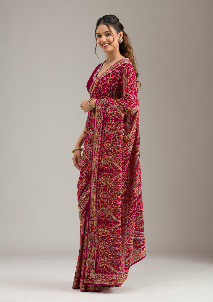Wine Georgette Kashmiri Saree With Matching Blouse Piece