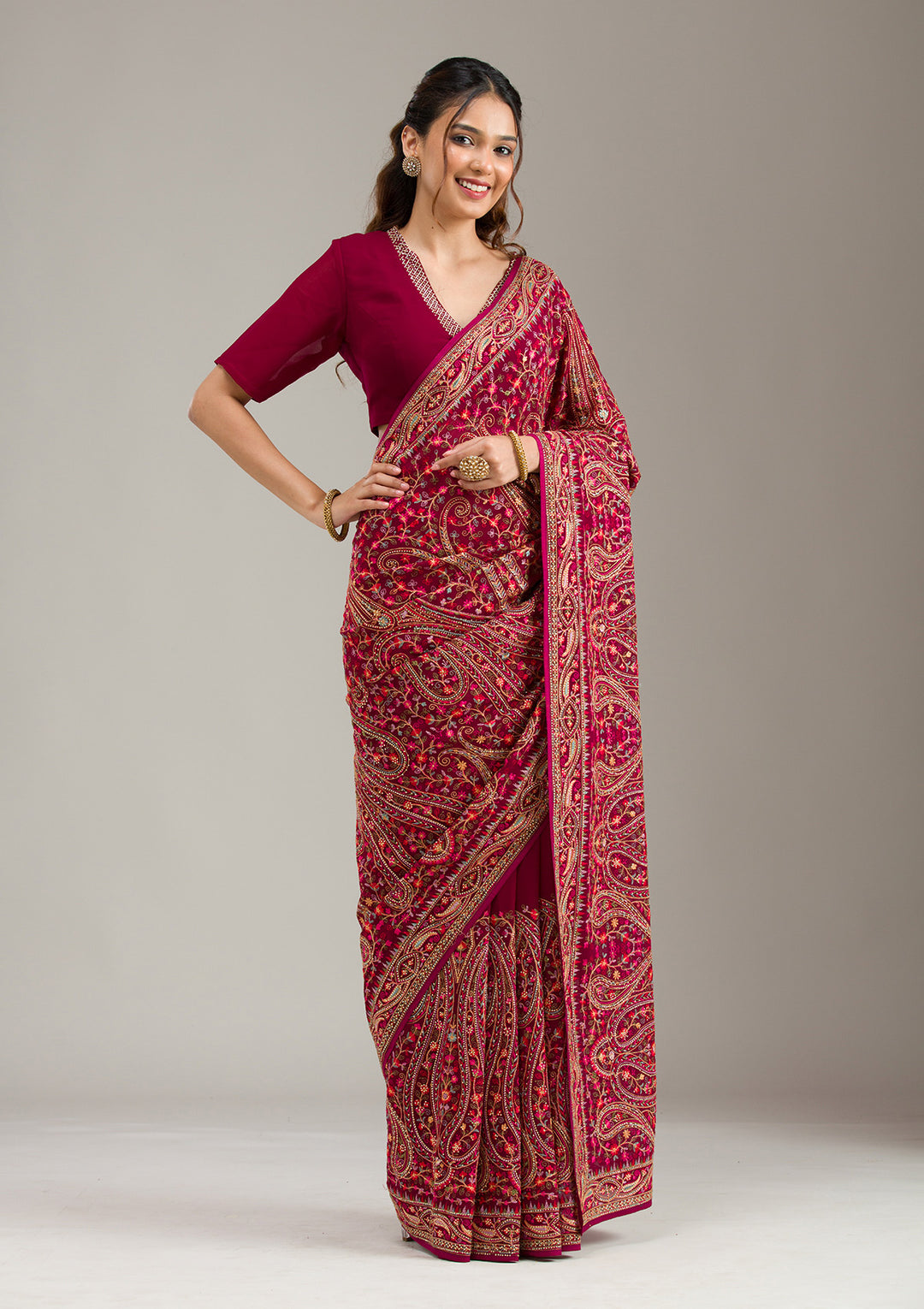 Wine Georgette Kashmiri Saree With Matching Blouse Piece