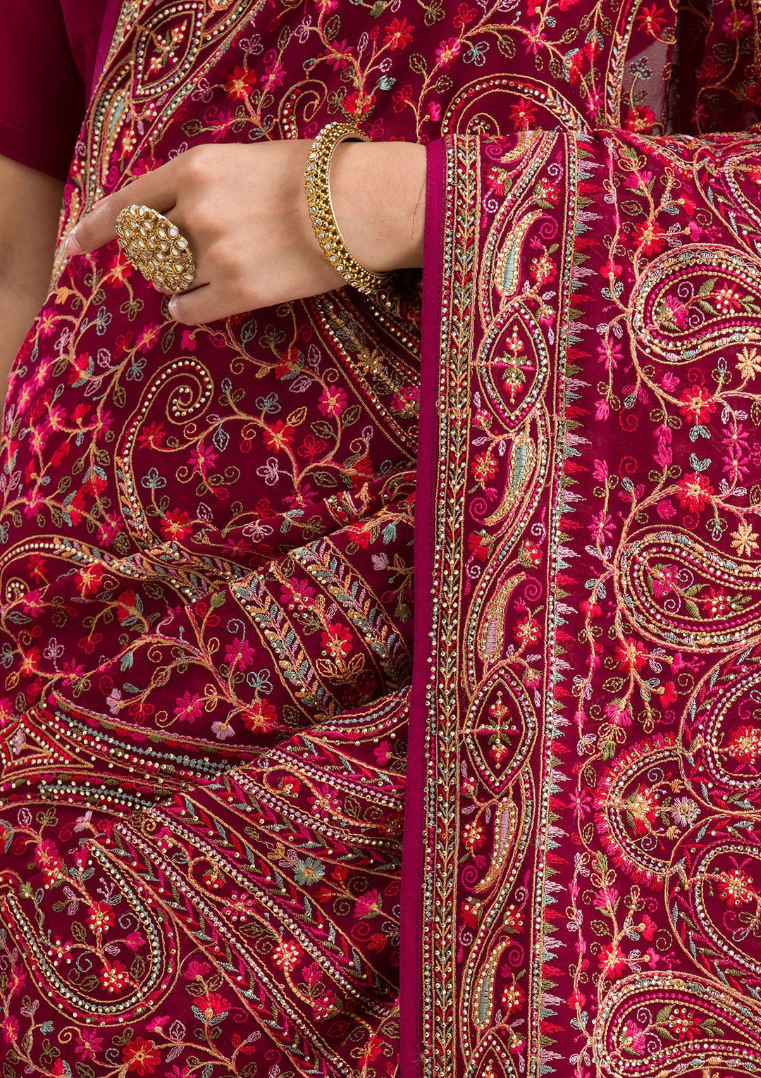 Wine Georgette Kashmiri Saree With Matching Blouse Piece