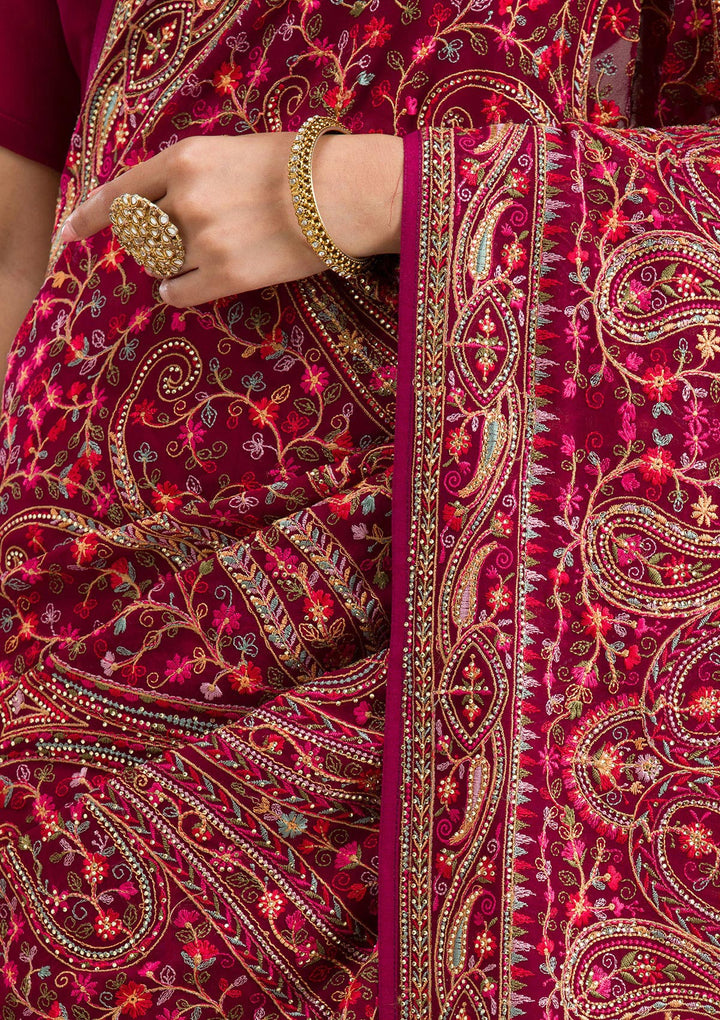 Wine Georgette Kashmiri Saree With Matching Blouse Piece