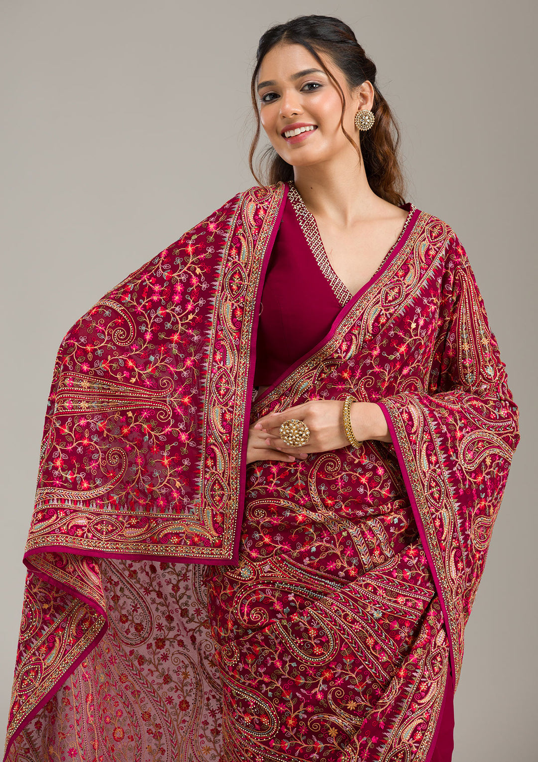 Wine Georgette Kashmiri Saree With Matching Blouse Piece