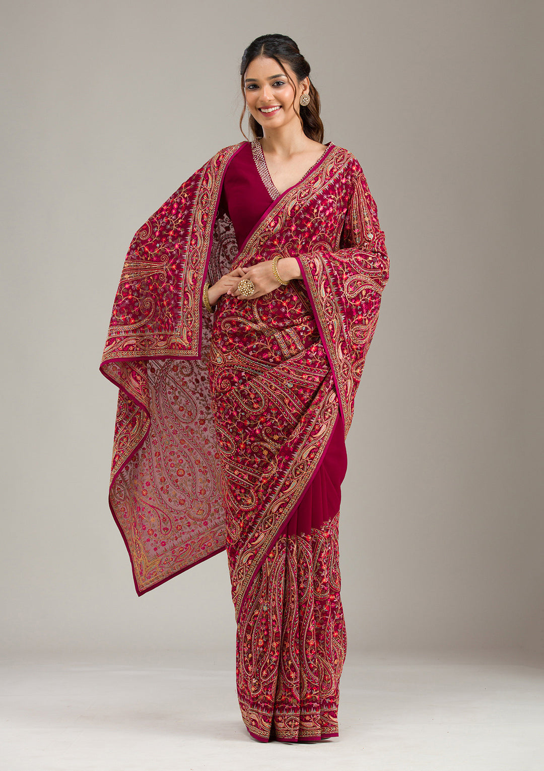 Wine Georgette Kashmiri Saree With Matching Blouse Piece