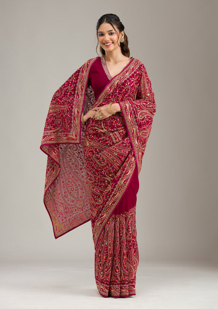 Wine Georgette Kashmiri Saree With Matching Blouse Piece