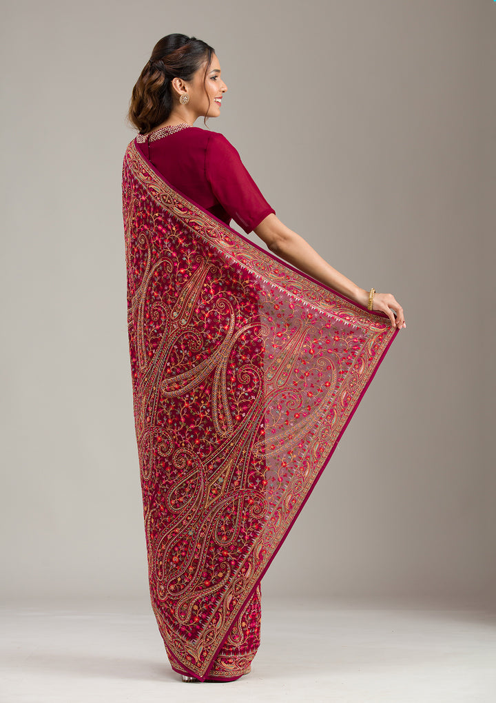 Wine Georgette Kashmiri Saree With Matching Blouse Piece