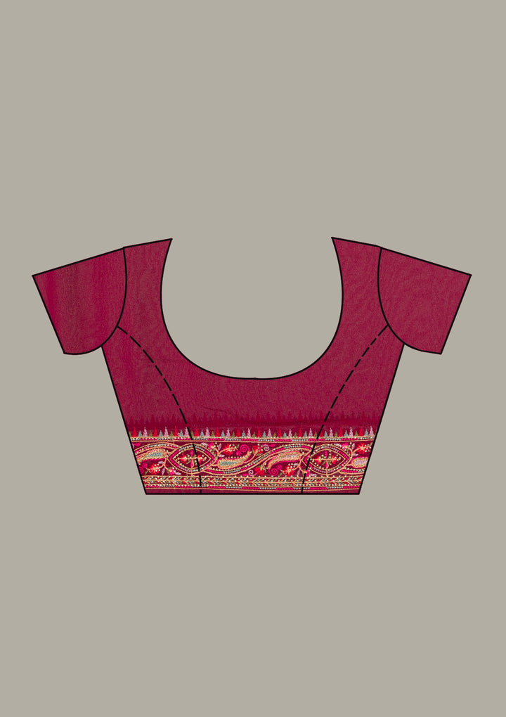Wine Georgette Kashmiri Saree With Matching Blouse Piece