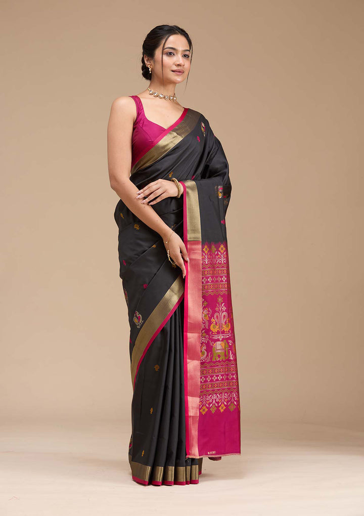 Black Silk Buti Gold Zariwork Saree With Matching Blouse Piece