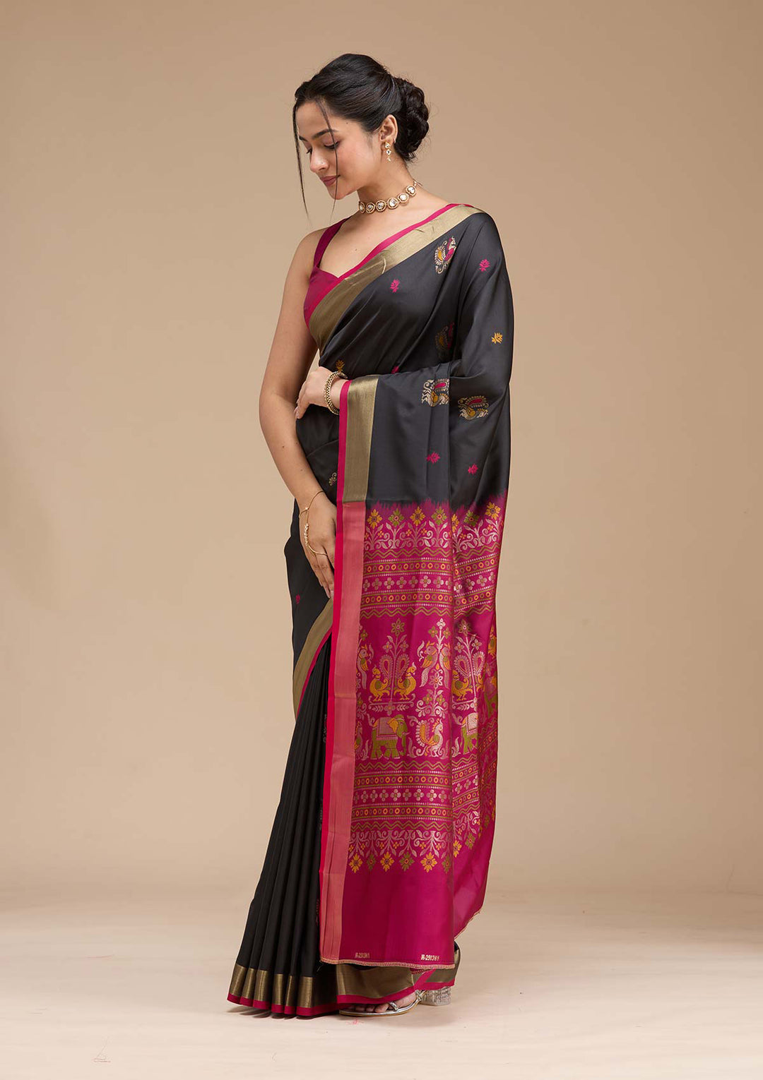 Black Silk Buti Gold Zariwork Saree With Matching Blouse Piece