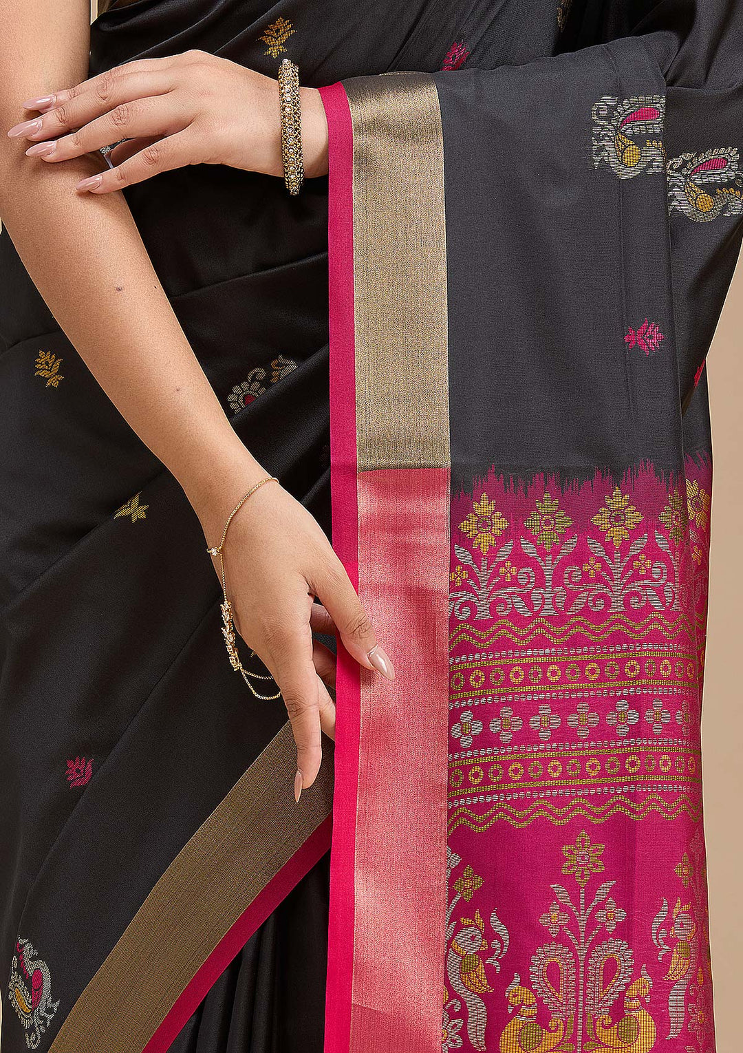 Black Silk Buti Gold Zariwork Saree With Matching Blouse Piece