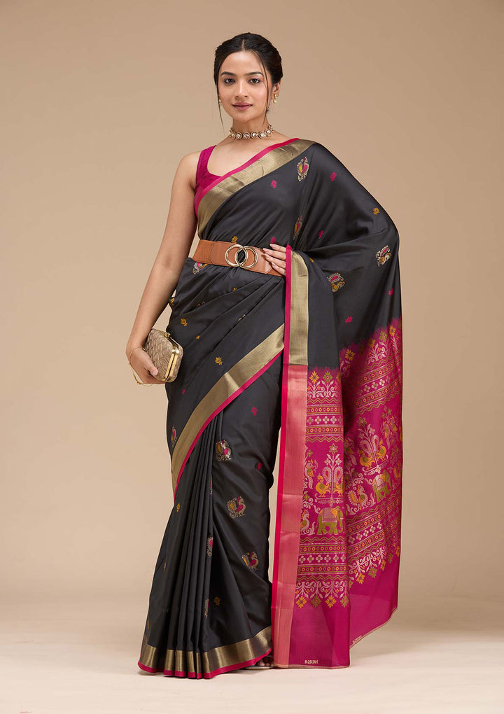 Black Silk Buti Gold Zariwork Saree With Matching Blouse Piece