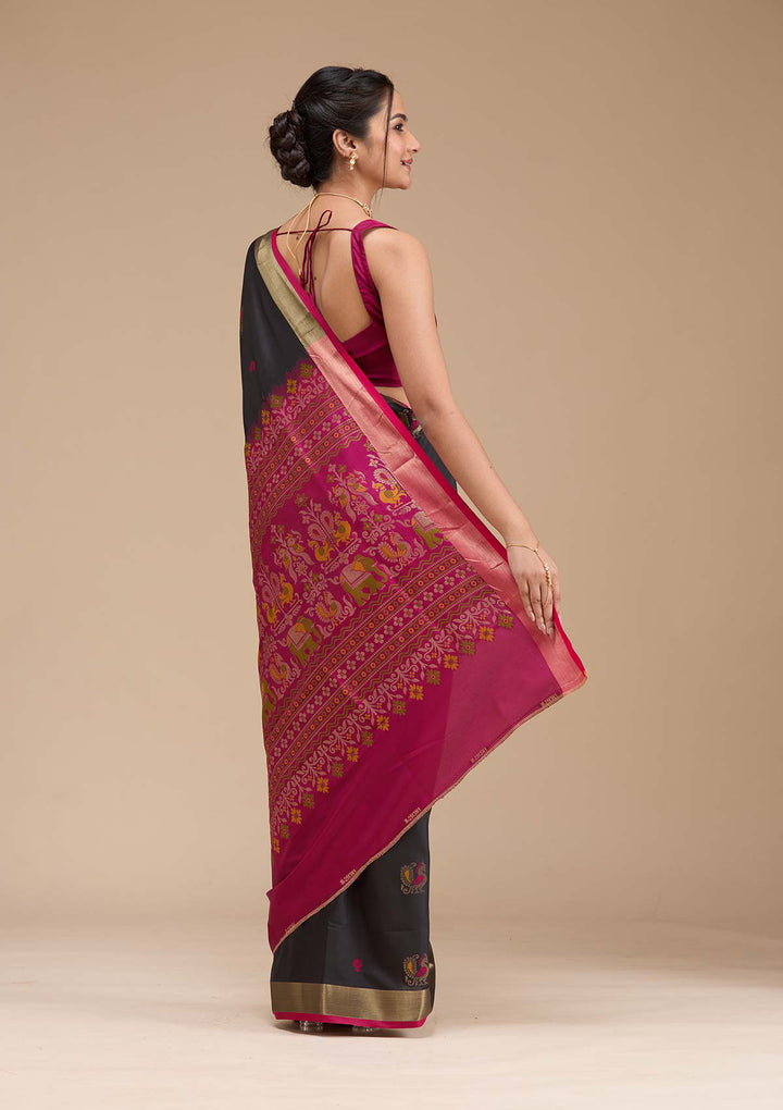 Black Silk Buti Gold Zariwork Saree With Matching Blouse Piece