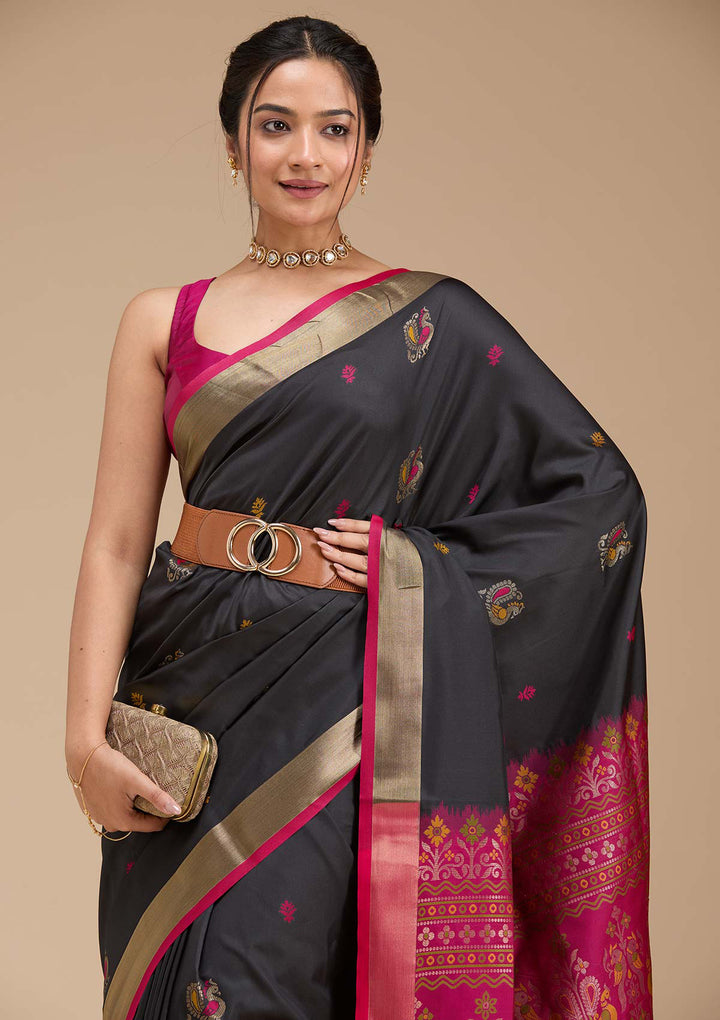 Black Silk Buti Gold Zariwork Saree With Matching Blouse Piece