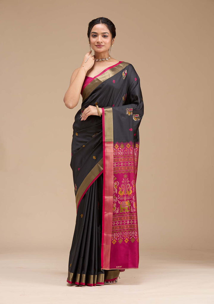 Black Silk Buti Gold Zariwork Saree With Matching Blouse Piece