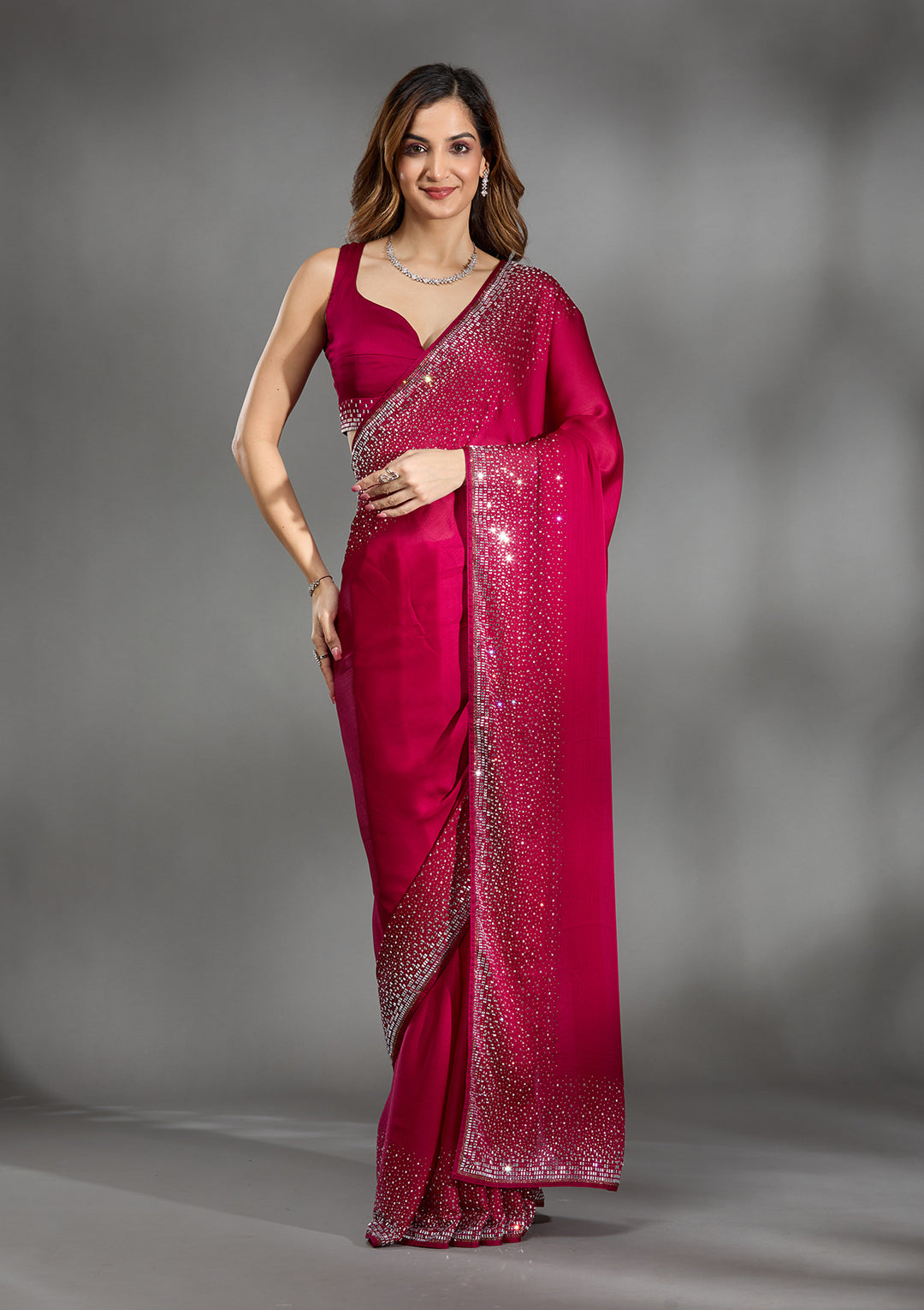 Rani Pink Chiffon Gold Stonework Saree With Matching Blouse Piece