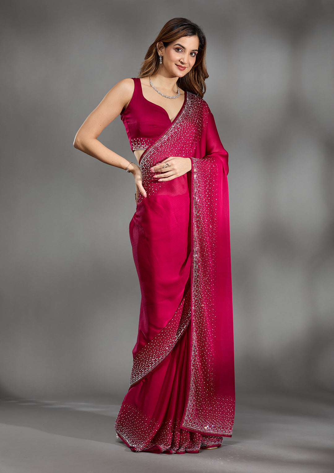 Rani Pink Chiffon Gold Stonework Saree With Matching Blouse Piece